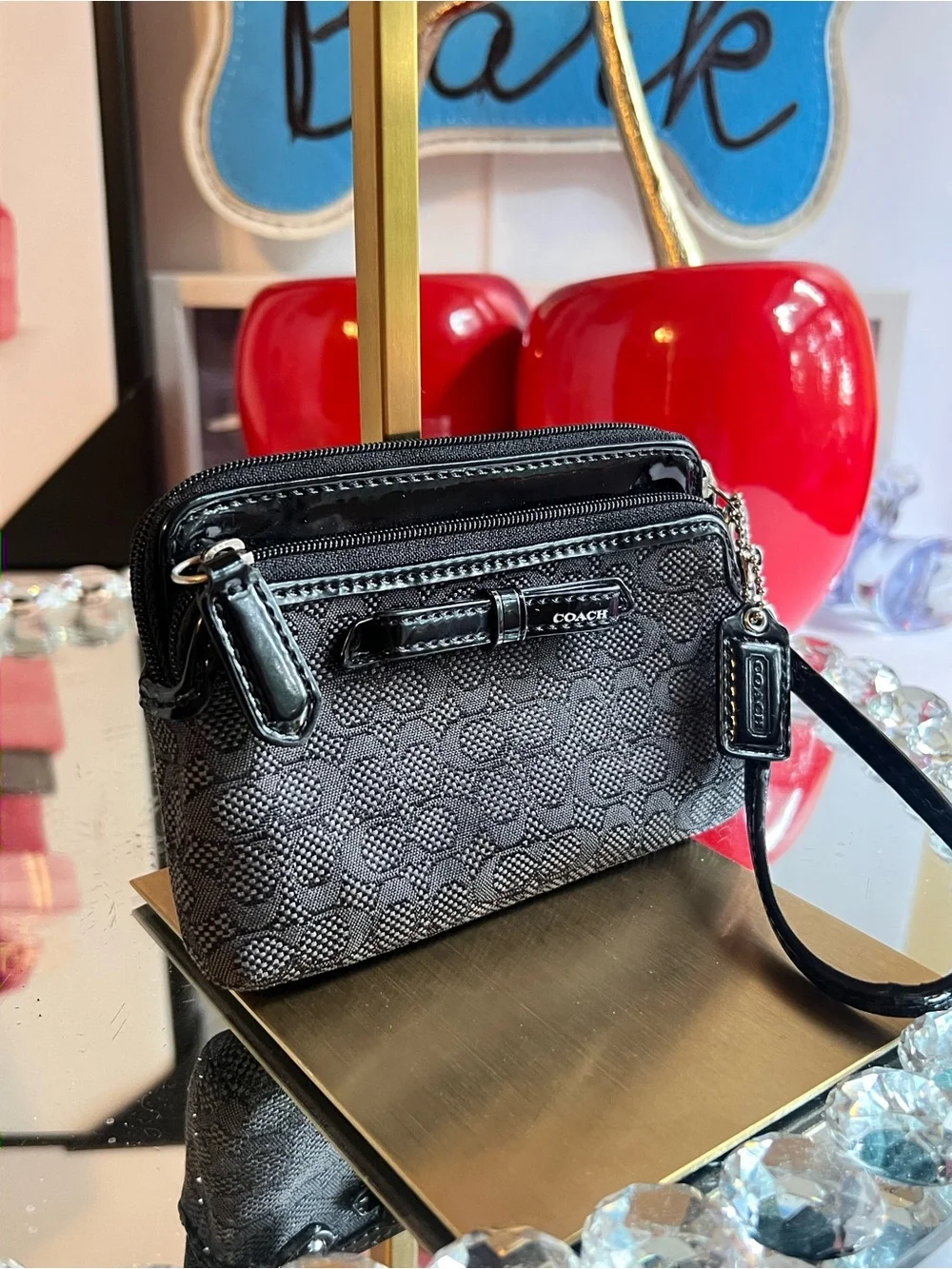 Coach Black Signature with Patent Trim double zipper wristlet